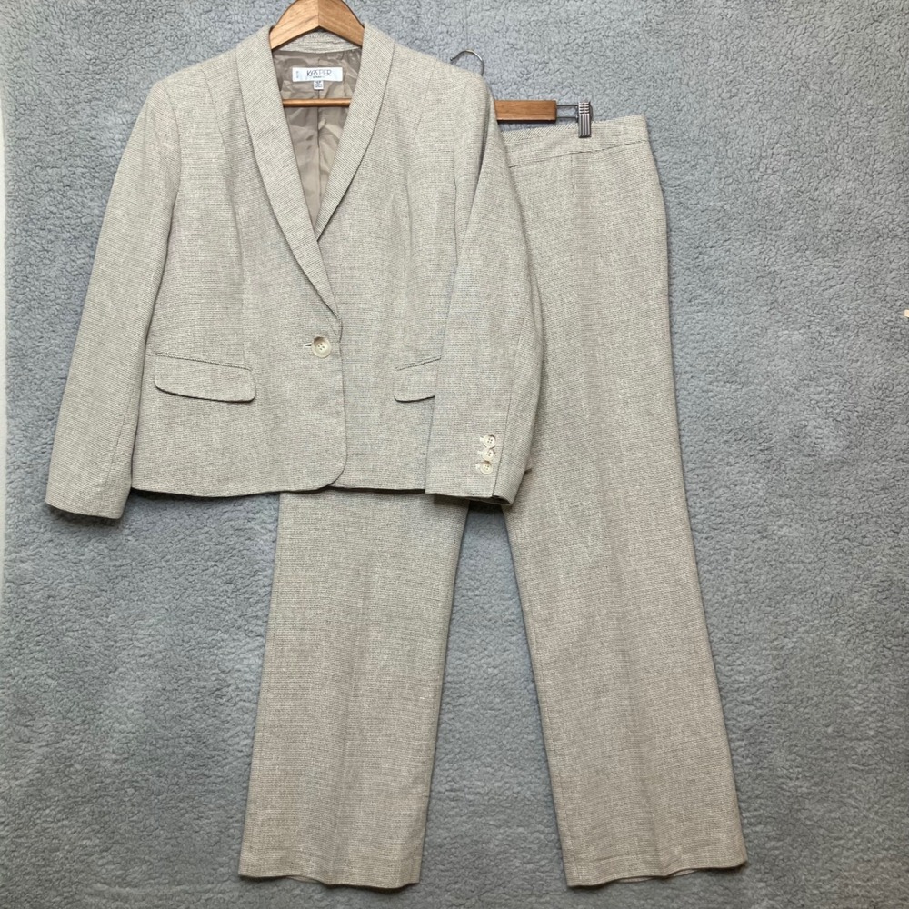Kasper Blazer Kate Pant Suit 2 Pc Set Women 16P Tan Linen Blend Tweed Trousers